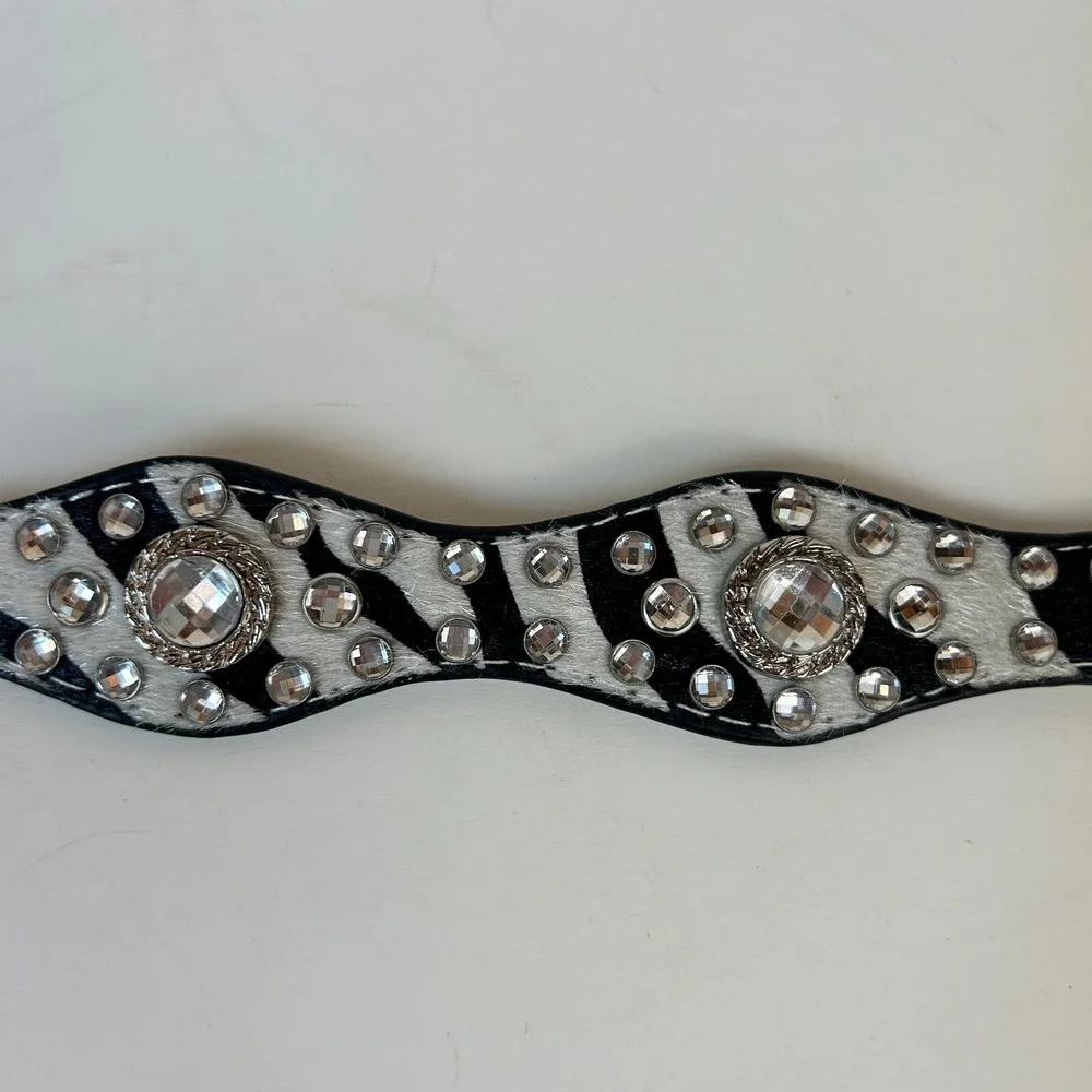 Nocona Belt Girls 26 Western Zebra Calfskin Bling Rhinestone Big Buckle Rodeo